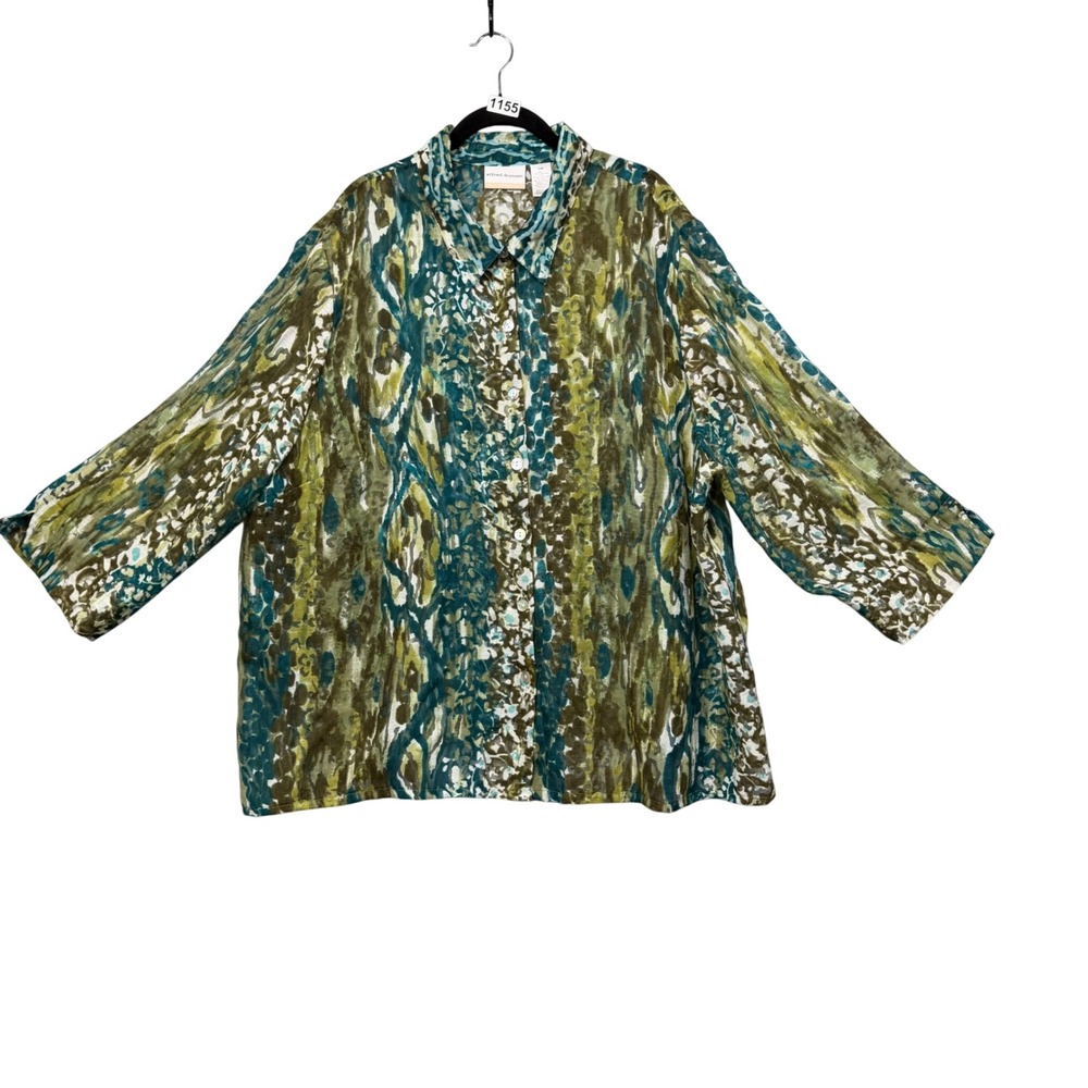Alfred Dunner Button Up Blouse Women 24W Green Abstract 3/4 Sleeve Top